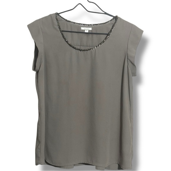 PLEIONE Women's Small Beaded Neckline Flowy Elegant Gray/Green Short Sleeve Top - Picture 12 of 16